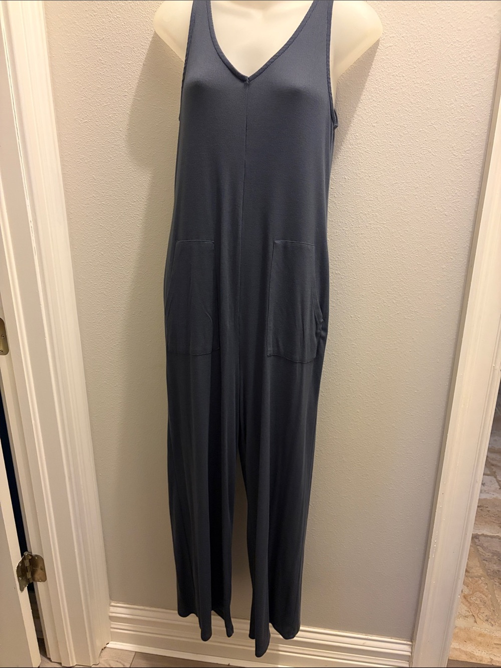 ZSupply Ribbed Sleeveless V-Neck Wide-Leg Jumpsuit in Slate Blue Small